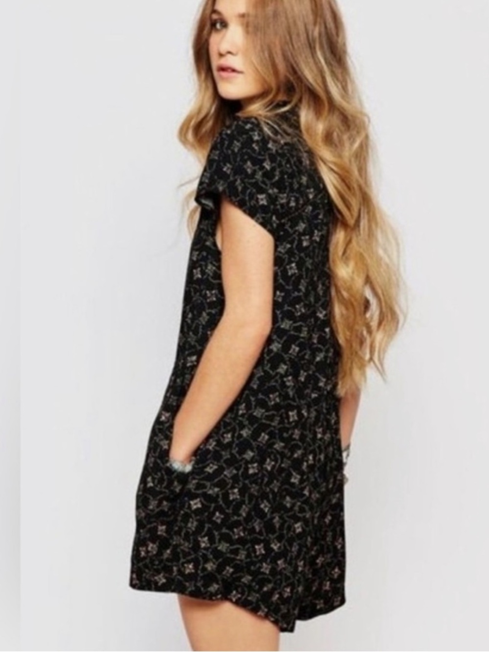 Free People Debby Dot Black Floral Print Shorts Romper with Silver Buttons - Picture 9 of 9